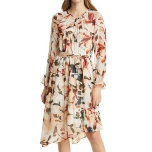 Maggie London Long Sleeve Abstract Leaf Print Belted Midi Dress - Beige - size 8 - Picture 9 of 9